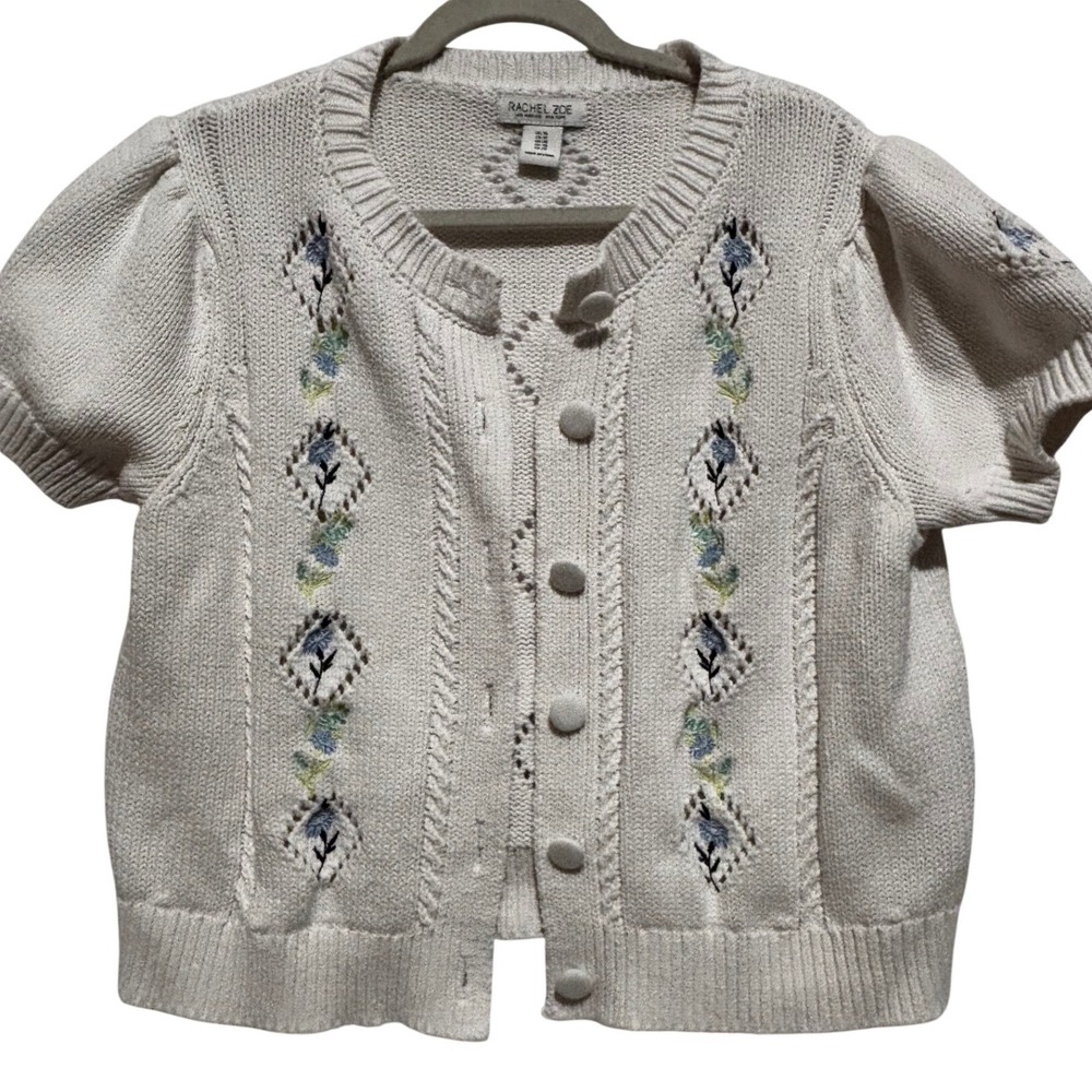 Rachel Zoe embroidered Puff short Sleeve Button Cardigan Sweater top 1X boho y2k